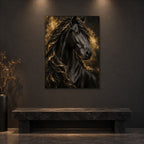 Black and Gold Horse Wall Art on Metal — close-up lifestyle view