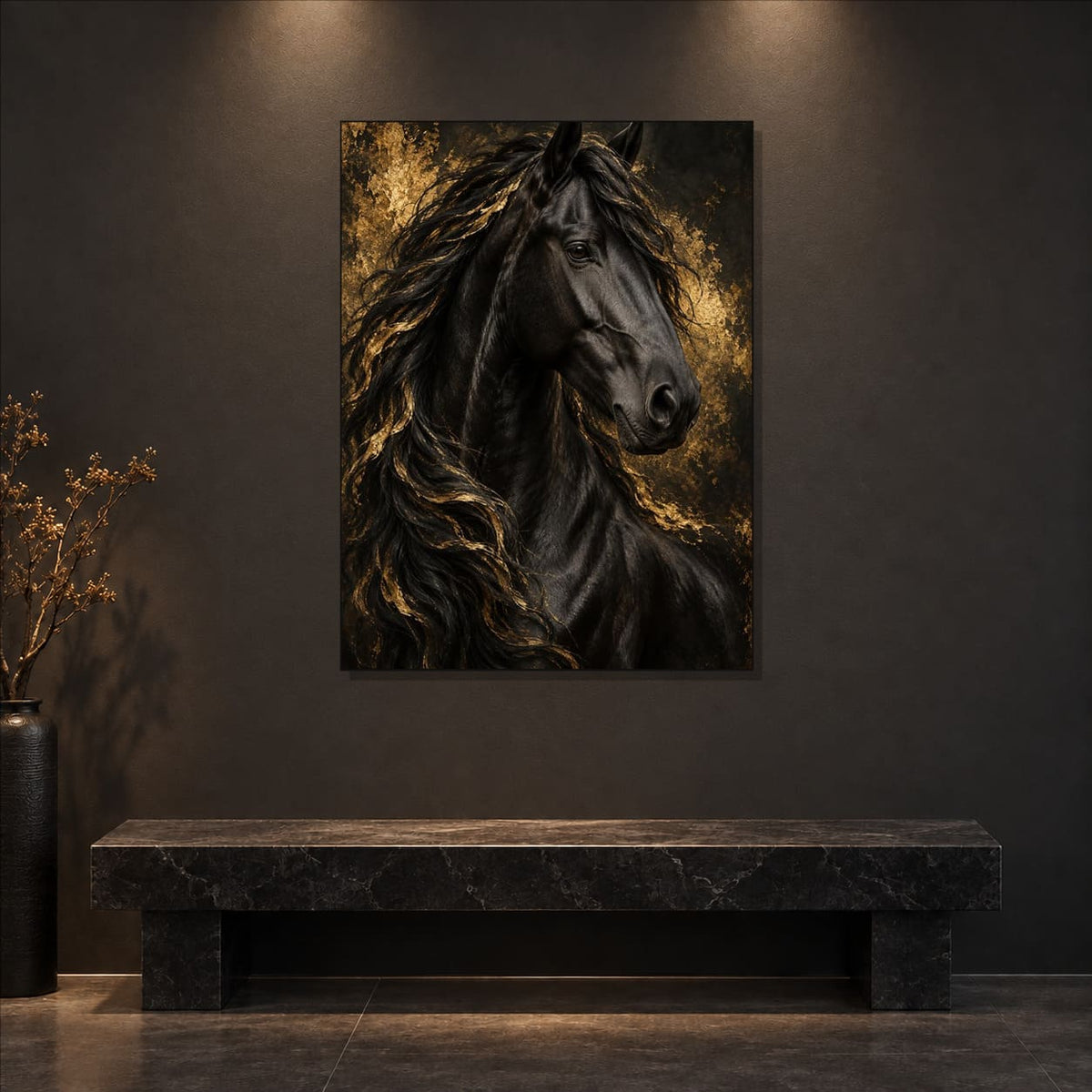 Black and Gold Horse Wall Art on Metal — close-up lifestyle view