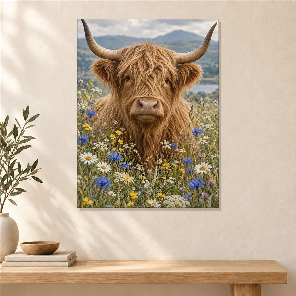 Highland Cow with Wildflowers Metal Wall Art — close-up lifestyle view