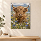 Highland Cow with Wildflowers Metal Wall Art — close-up lifestyle view