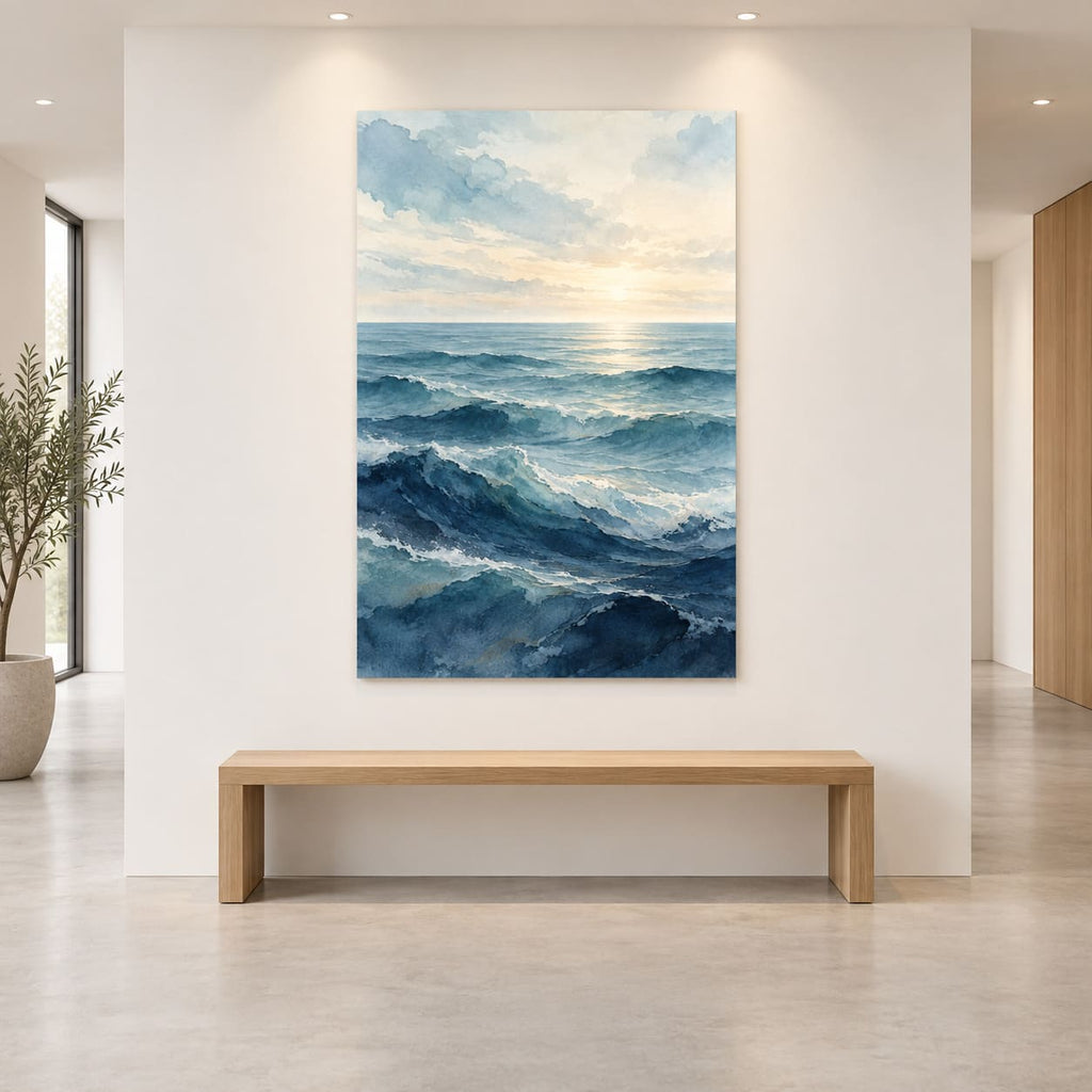 Bathroom Wall Art – Minimal Ocean Waves Metal Print — close-up lifestyle view