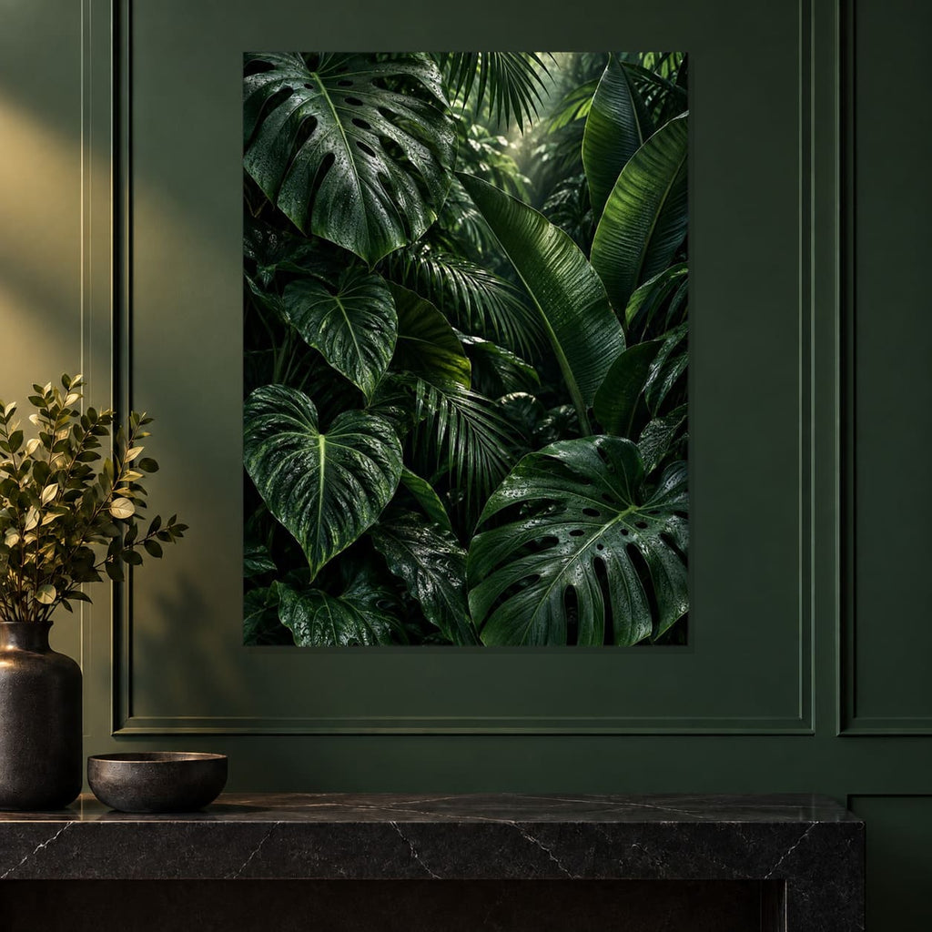 Dark Green Botanical Leaves Metal Wall Art — close-up lifestyle view