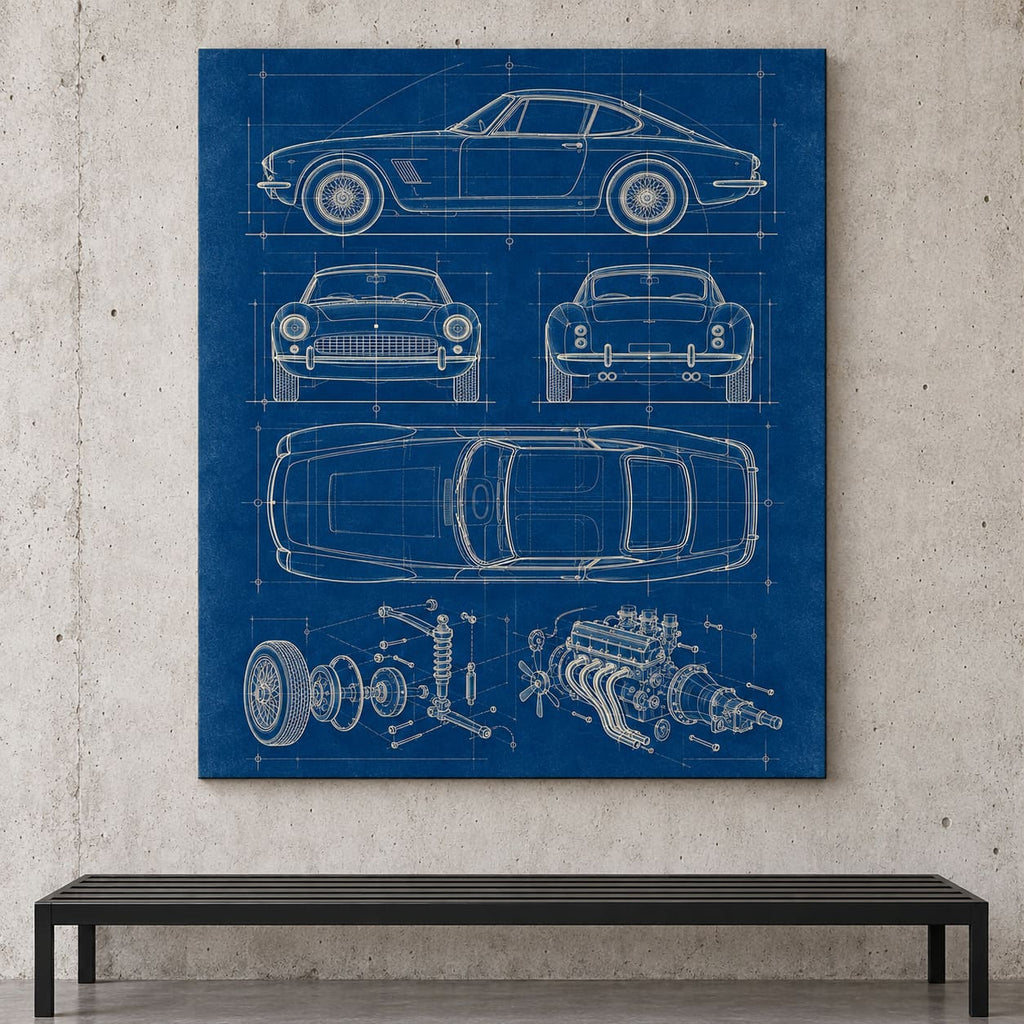 Classic Sports Car Blueprint Metal Wall Art — close-up lifestyle view