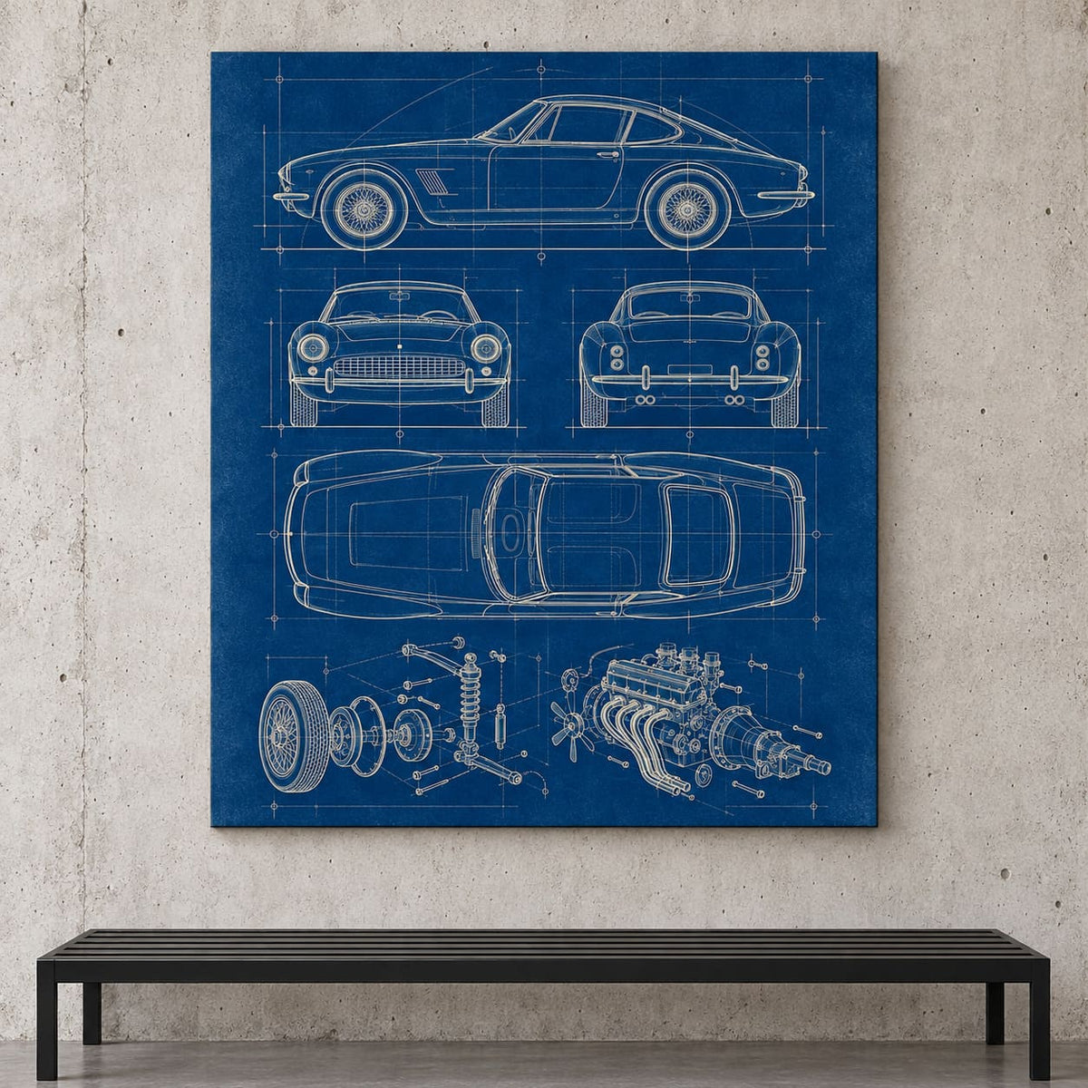 Classic Sports Car Blueprint Metal Wall Art — close-up lifestyle view
