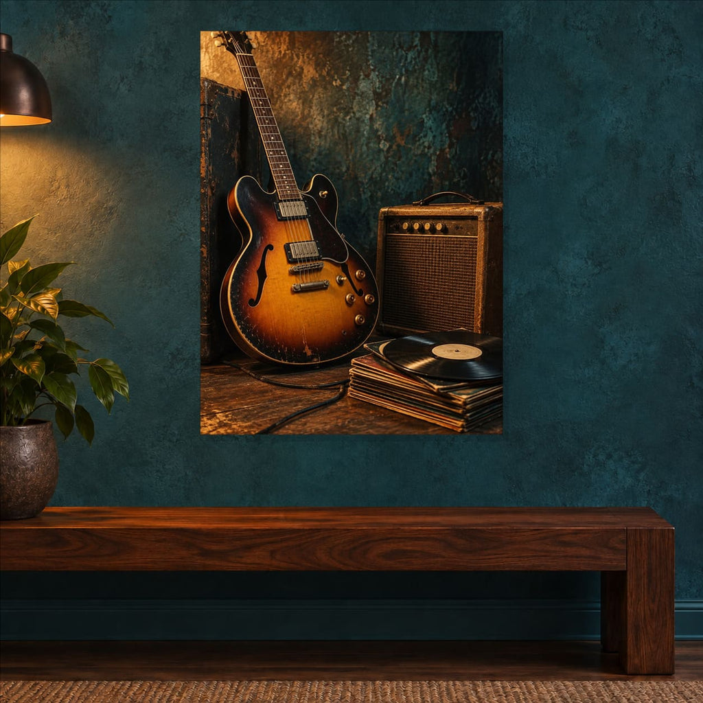 Vintage Guitar and Vinyl Music Metal Wall Art — close-up lifestyle view