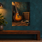 Vintage Guitar and Vinyl Music Metal Wall Art — close-up lifestyle view