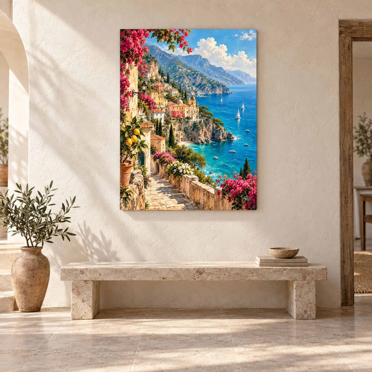 Vintage Amalfi Coast Landscape Metal Wall Art — close-up lifestyle view