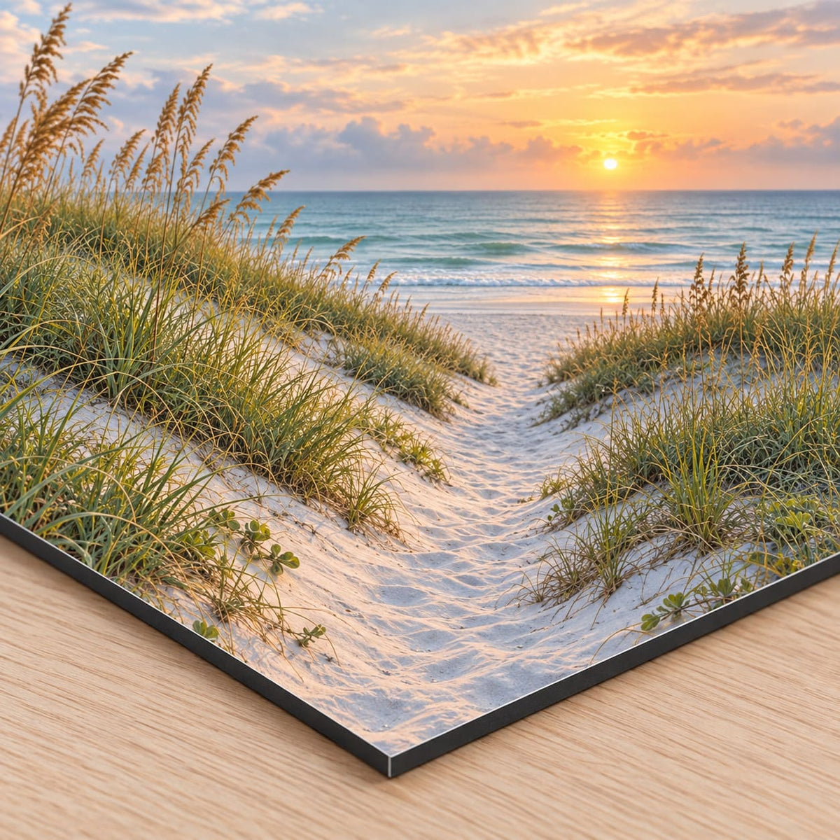 Coastal Beach Path Metal Wall Art — close-up of the thin frameless aluminum panel