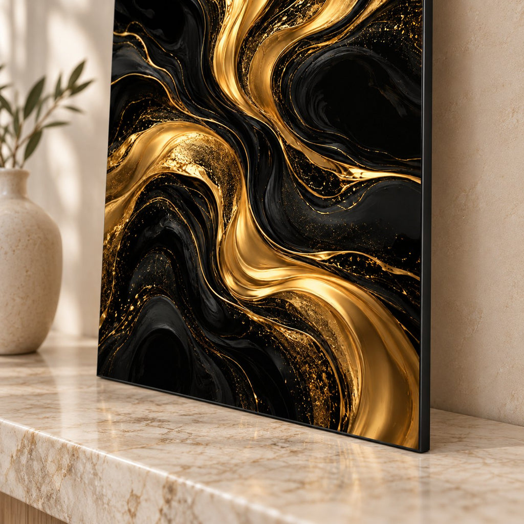 Midnight Gold Currents Abstract Metal Wall Art — close-up of the thin frameless aluminum panel