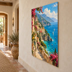 Vintage Amalfi Coast Landscape Metal Wall Art — side-angle view showing the thin aluminum panel