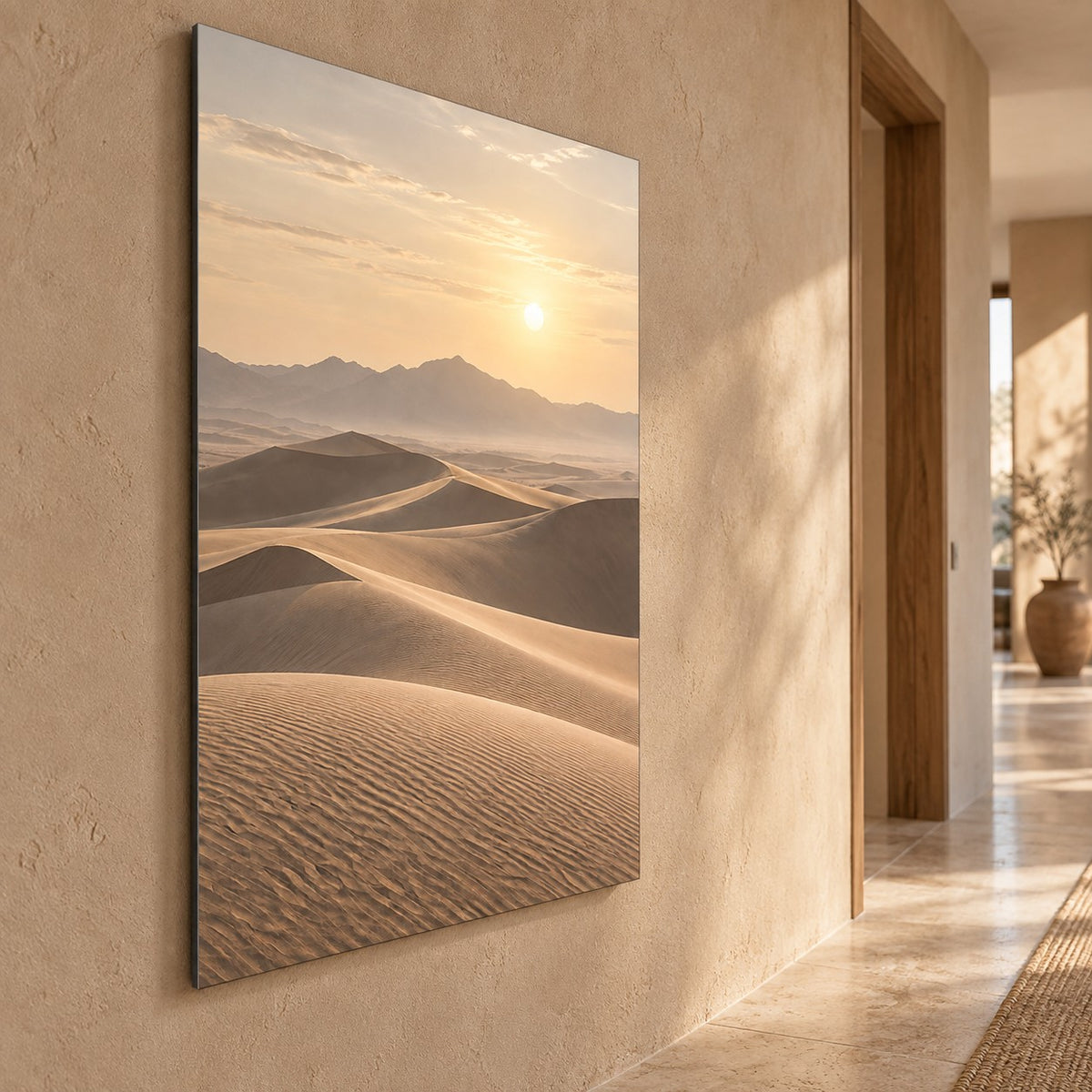 Neutral Desert Horizon Landscape Metal Wall Art — side-angle view showing the thin aluminum panel