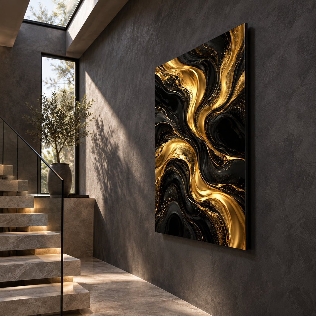 Midnight Gold Currents Abstract Metal Wall Art — side-angle view showing the thin aluminum panel