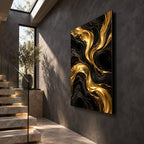 Midnight Gold Currents Abstract Metal Wall Art — side-angle view showing the thin aluminum panel