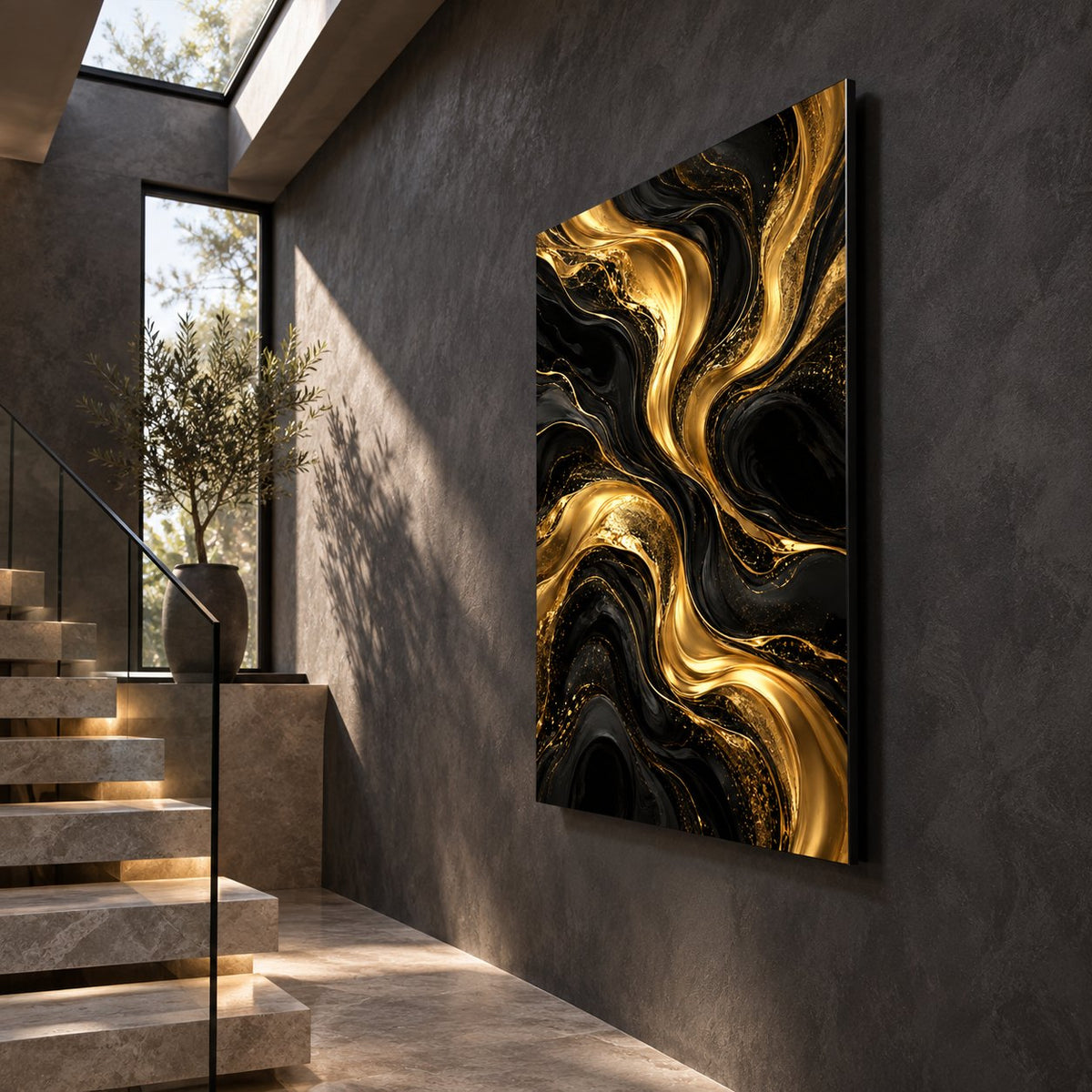 Midnight Gold Currents Abstract Metal Wall Art — side-angle view showing the thin aluminum panel
