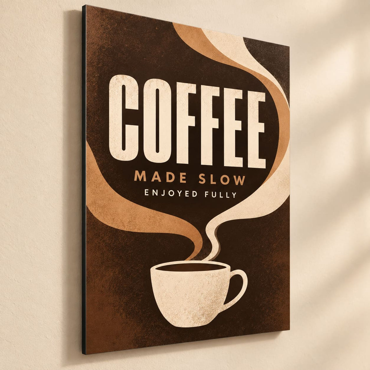 Modern Coffee Kitchen Wall Art on Metal — side-angle view showing the thin aluminum panel