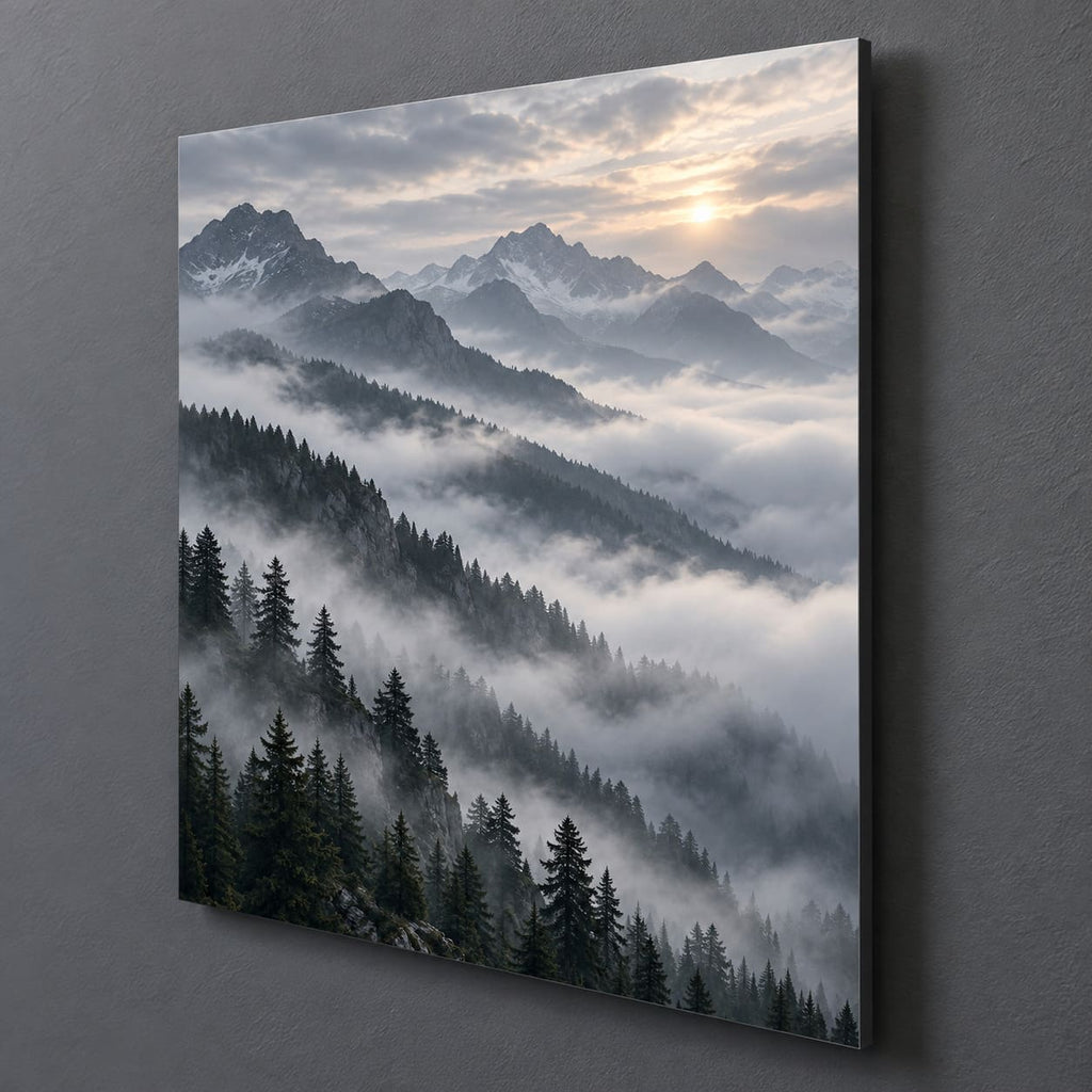 Foggy Mountain Landscape Metal Wall Art — side-angle view showing the thin aluminum panel