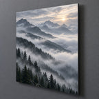 Foggy Mountain Landscape Metal Wall Art — side-angle view showing the thin aluminum panel