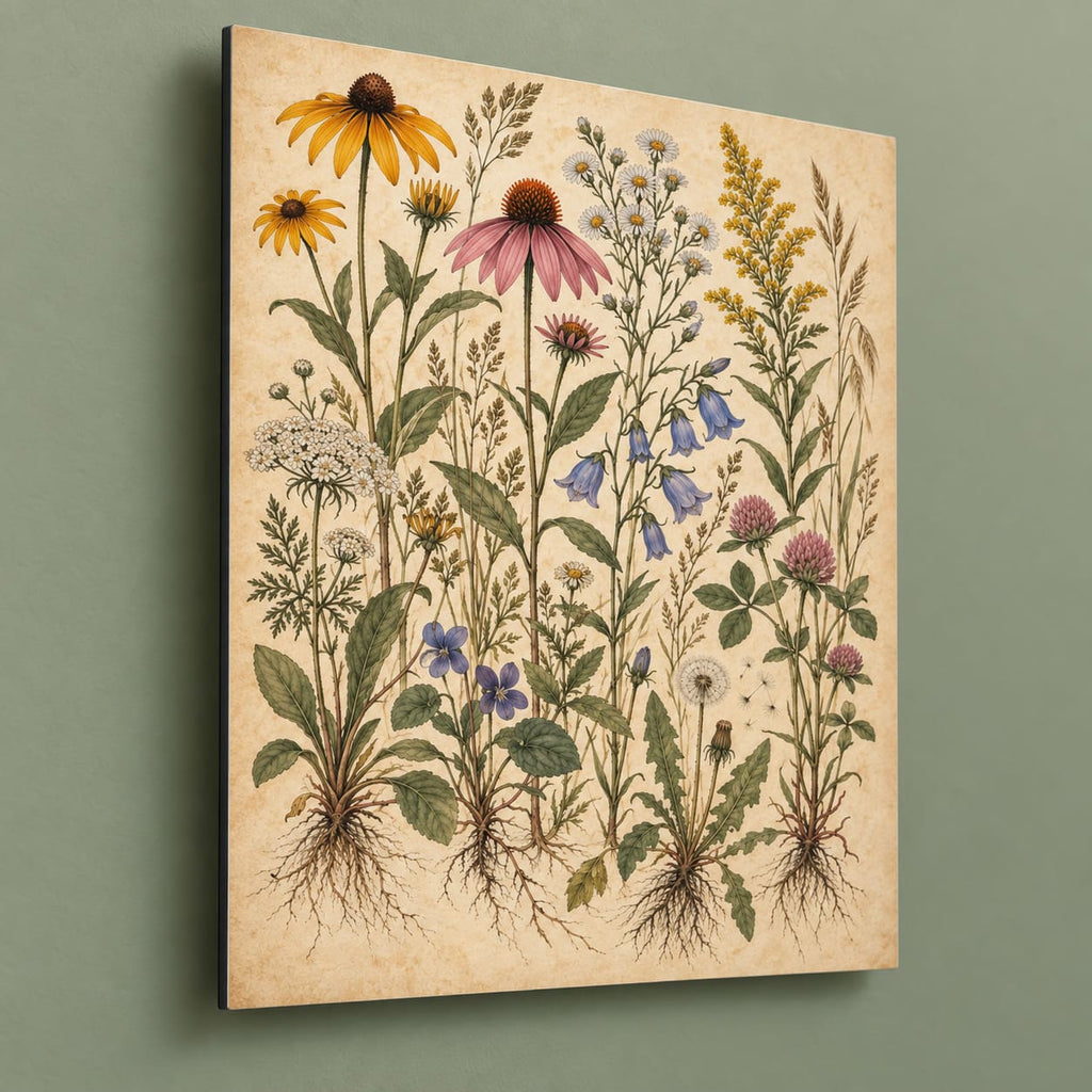 Vintage Botanical Wildflowers Metal Wall Art — side-angle view showing the thin aluminum panel