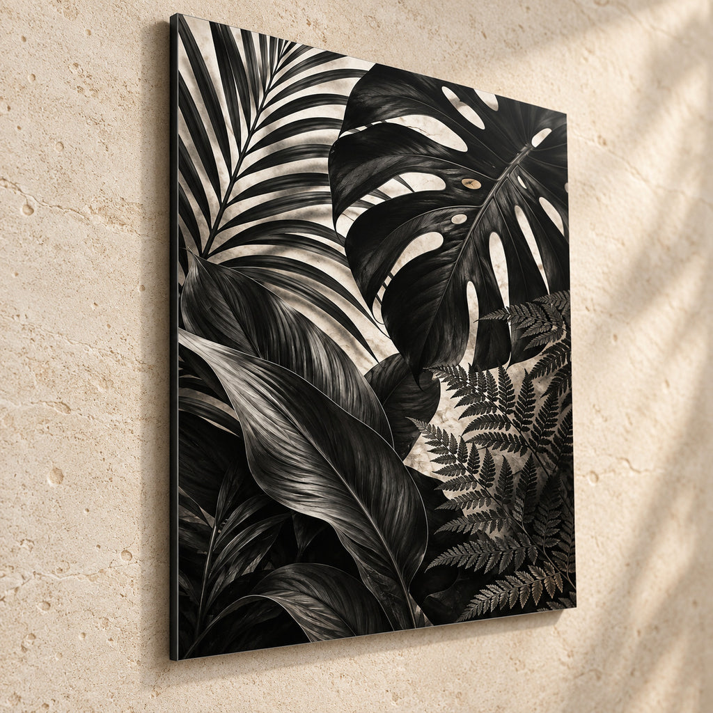 Bathroom Wall Art – Black Botanical Leaves Metal Print — side-angle view showing the thin aluminum panel