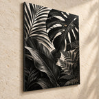 Bathroom Wall Art – Black Botanical Leaves Metal Print — side-angle view showing the thin aluminum panel