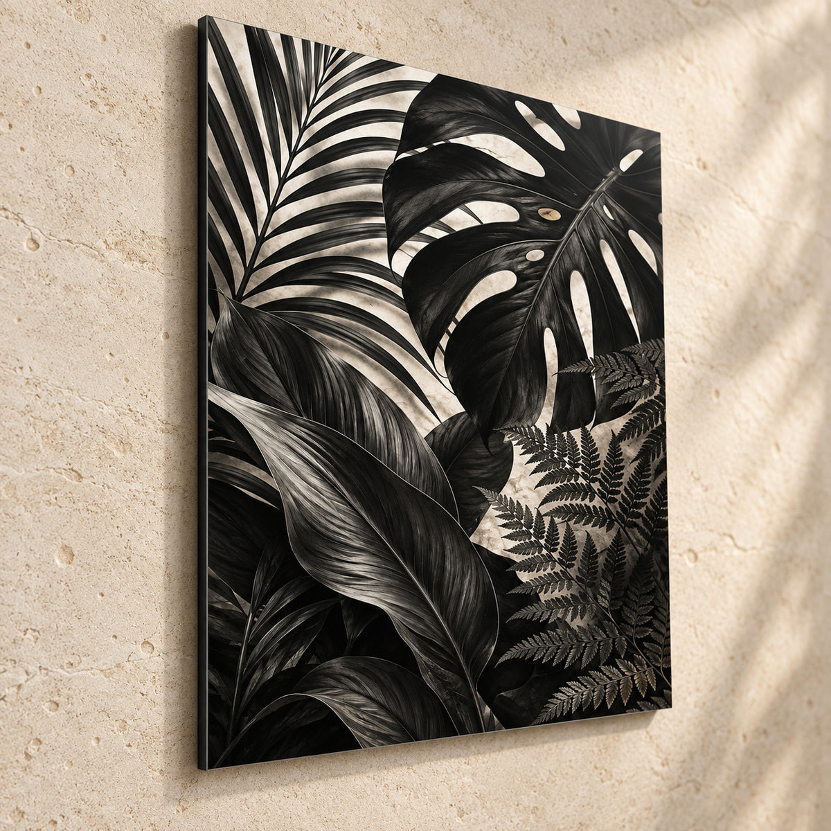 Bathroom Wall Art – Black Botanical Leaves Metal Print — side-angle view showing the thin aluminum panel