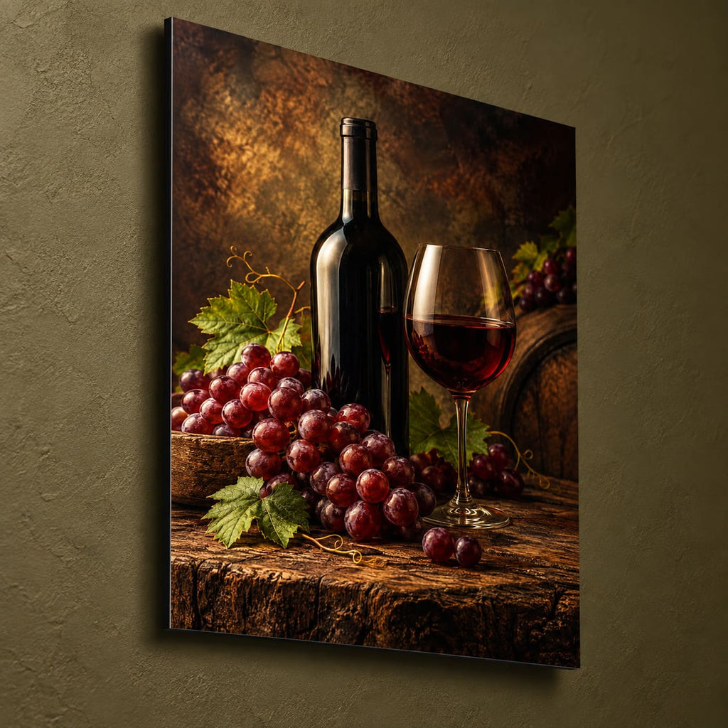 Vintage Wine Kitchen Wall Art on Metal — side-angle view showing the thin aluminum panel
