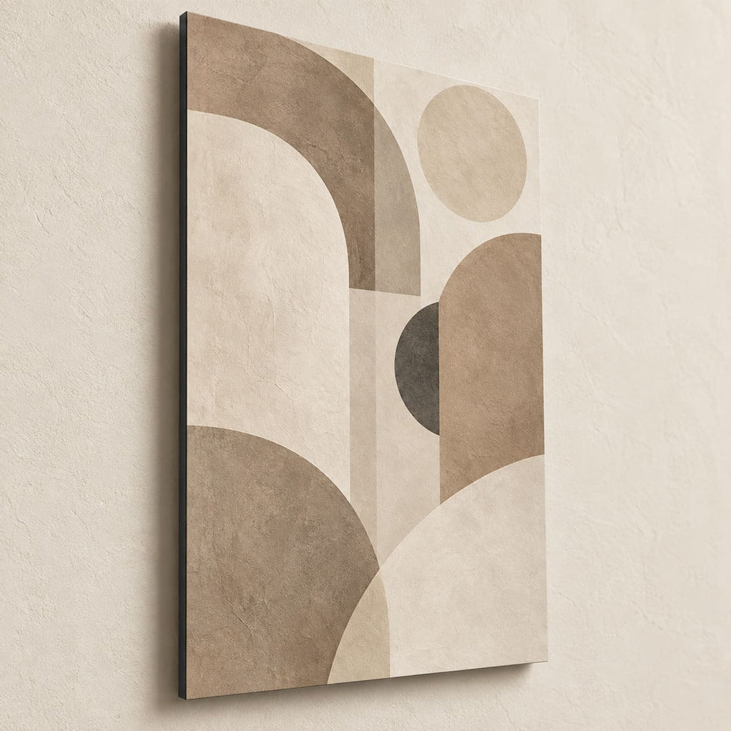 Neutral Beige Abstract Wall Art on Metal — side-angle view showing the thin aluminum panel