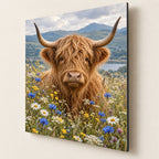 Highland Cow with Wildflowers Metal Wall Art — side-angle view showing the thin aluminum panel