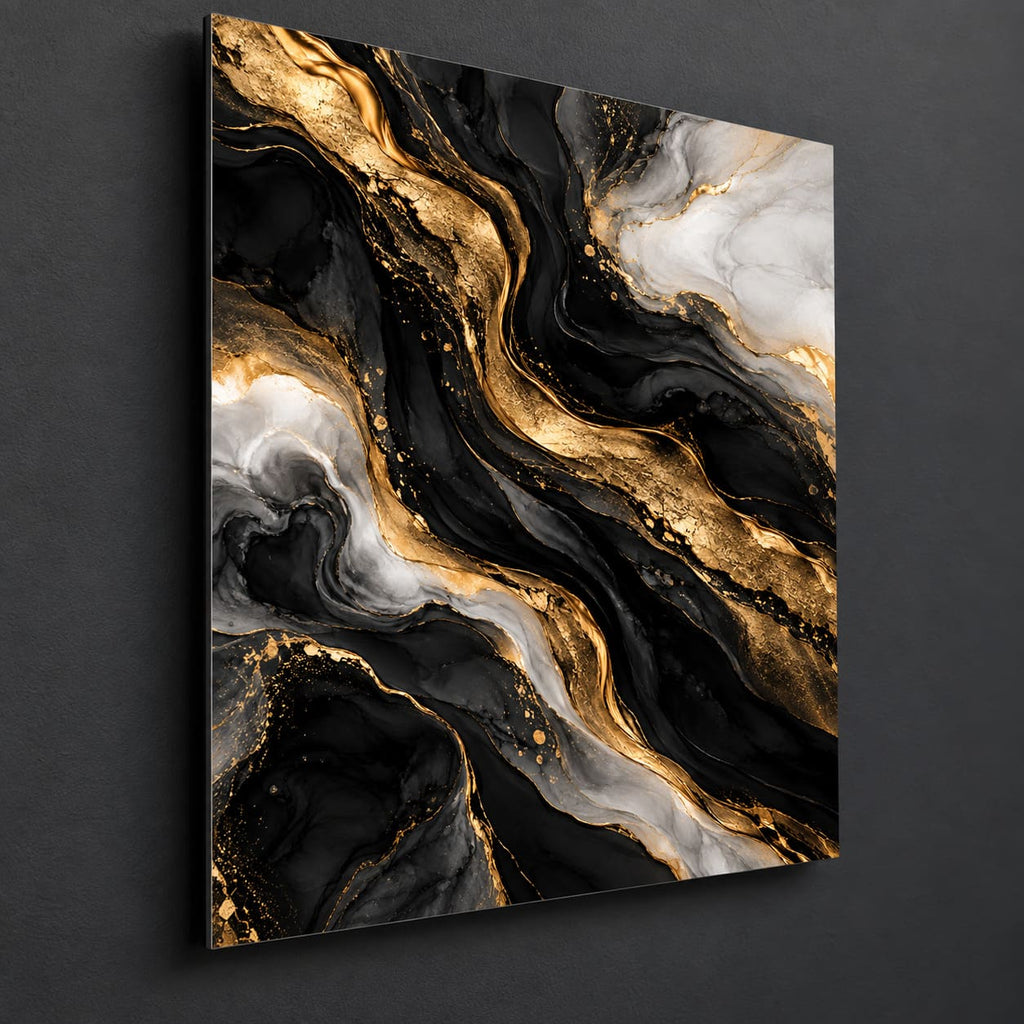 Black and Gold Abstract Metal Wall Art — side-angle view showing the thin aluminum panel