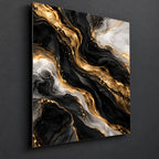 Black and Gold Abstract Metal Wall Art — side-angle view showing the thin aluminum panel