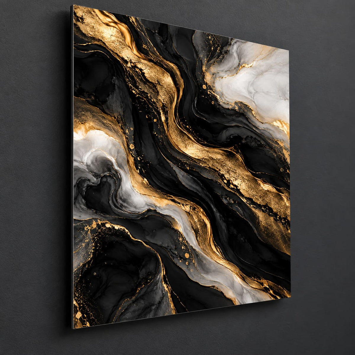 Black and Gold Abstract Metal Wall Art — side-angle view showing the thin aluminum panel