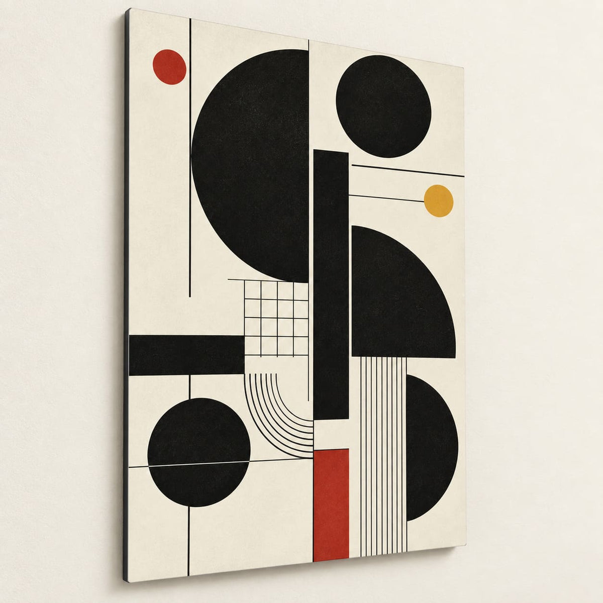 Black Geometric Bauhaus Metal Wall Art — side-angle view showing the thin aluminum panel