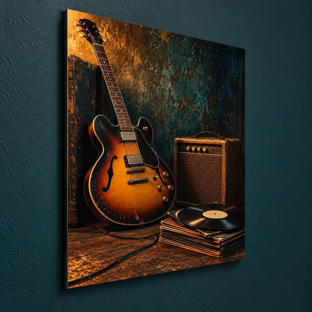 Vintage Guitar and Vinyl Music Metal Wall Art — side-angle view showing the thin aluminum panel