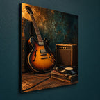 Vintage Guitar and Vinyl Music Metal Wall Art — side-angle view showing the thin aluminum panel