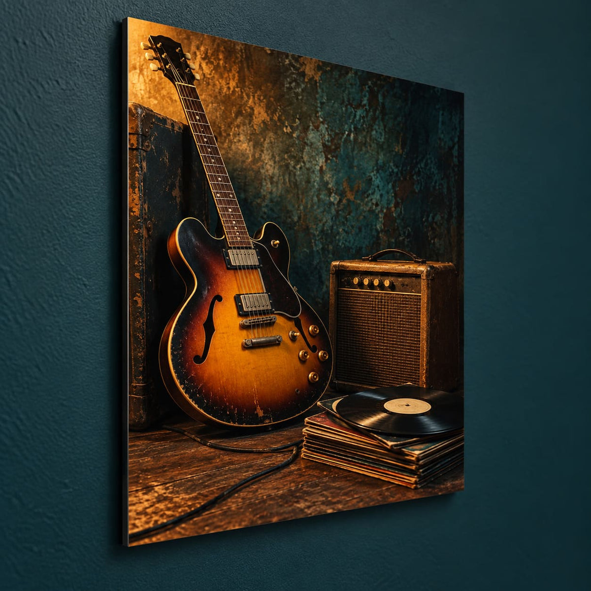 Vintage Guitar and Vinyl Music Metal Wall Art — side-angle view showing the thin aluminum panel
