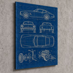 Classic Sports Car Blueprint Metal Wall Art — side-angle view showing the thin aluminum panel