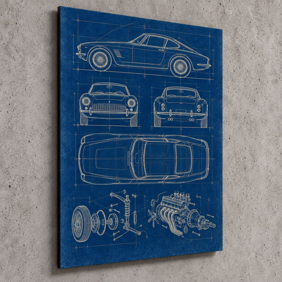 Classic Sports Car Blueprint Metal Wall Art — side-angle view showing the thin aluminum panel
