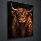Highland Cow Wall Art – Dark Metal Portrait — side-angle view showing the thin aluminum panel