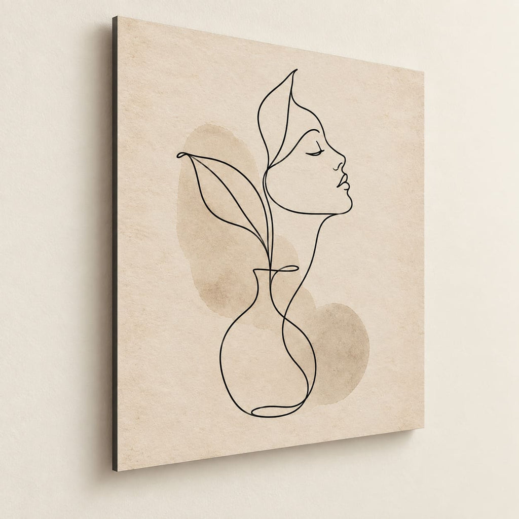 Minimalist Neutral Line Art Metal Print — side-angle view showing the thin aluminum panel