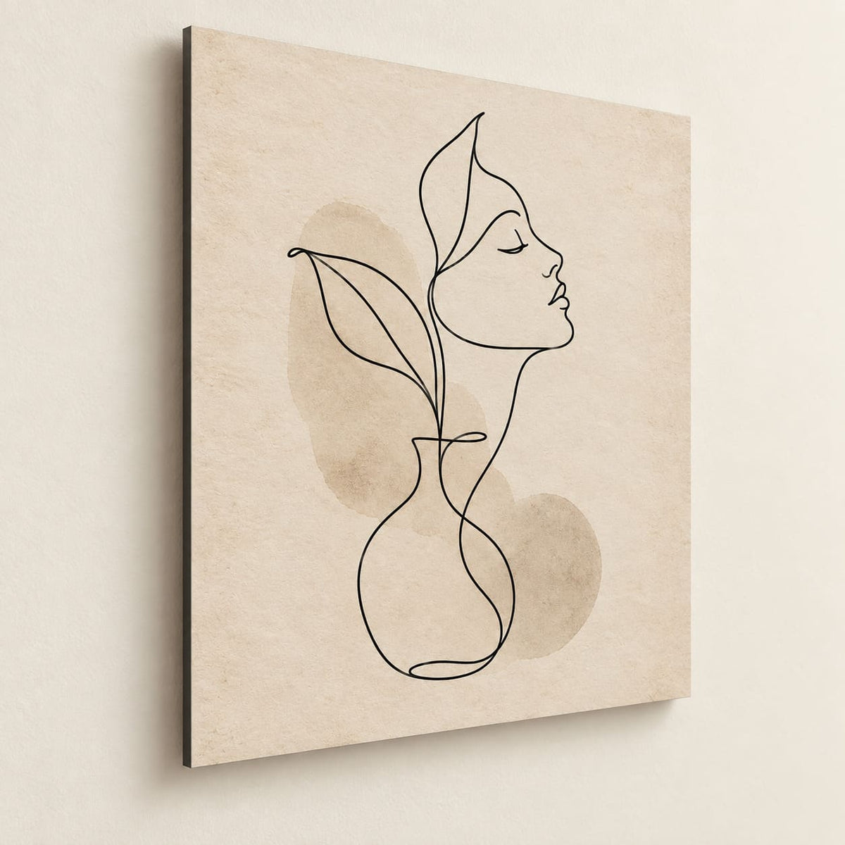 Minimalist Neutral Line Art Metal Print — side-angle view showing the thin aluminum panel