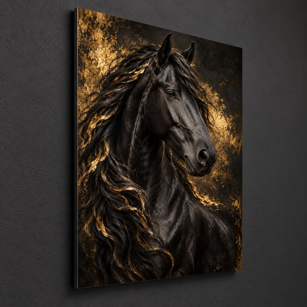 Black and Gold Horse Wall Art on Metal — side-angle view showing the thin aluminum panel