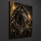 Black and Gold Horse Wall Art on Metal — side-angle view showing the thin aluminum panel