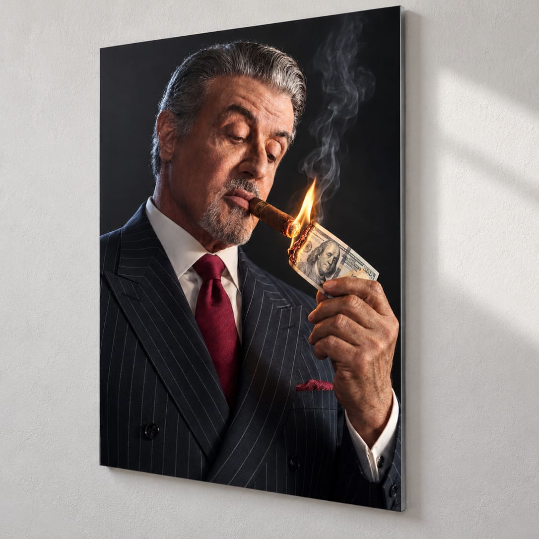 Sylvester Stallone Cigar Poster on Metal, Dark Portrait Wall Art