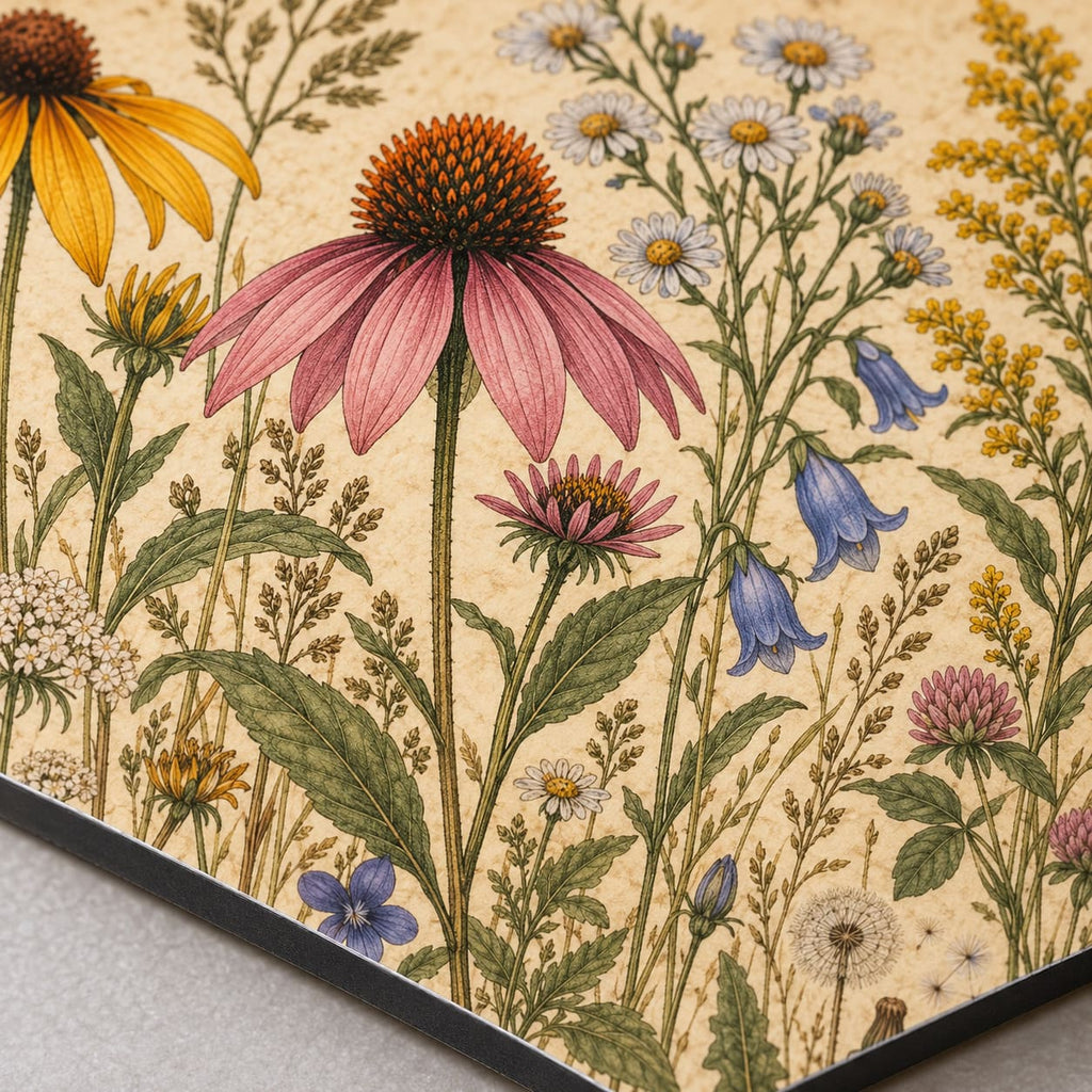 Vintage Botanical Wildflowers Metal Wall Art — macro detail of the UV-printed aluminum surface