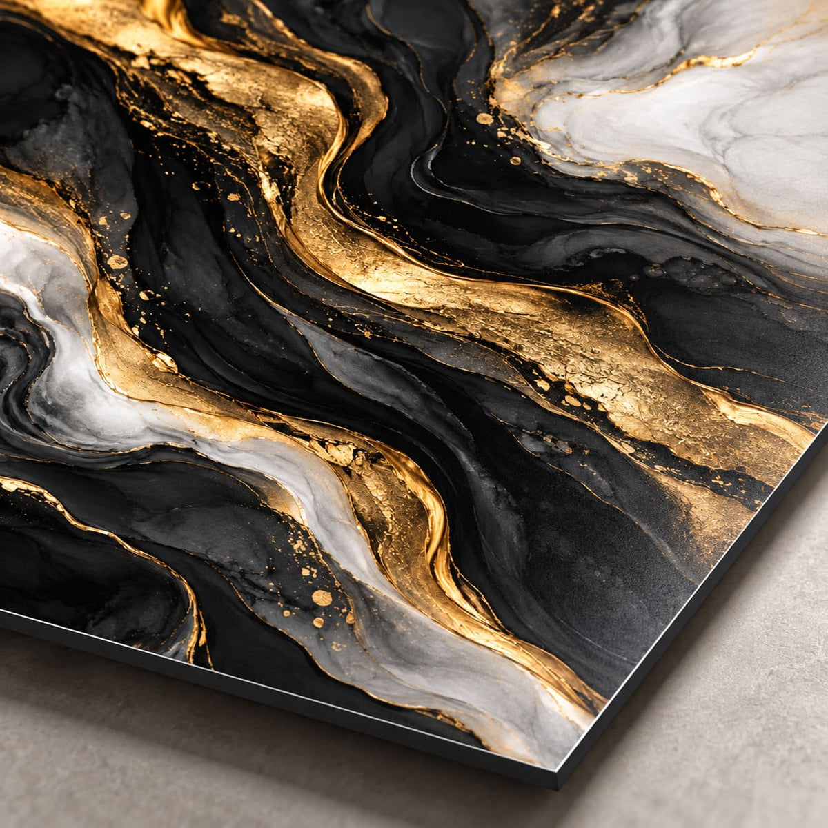 Black and Gold Abstract Metal Wall Art — macro detail of the UV-printed aluminum surface