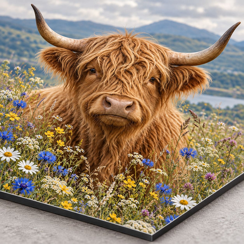 Highland Cow with Wildflowers Metal Wall Art — macro detail of the UV-printed aluminum surface