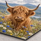 Highland Cow with Wildflowers Metal Wall Art — macro detail of the UV-printed aluminum surface
