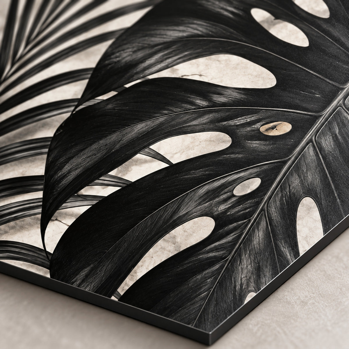 Bathroom Wall Art – Black Botanical Leaves Metal Print — macro detail of the UV-printed aluminum surface