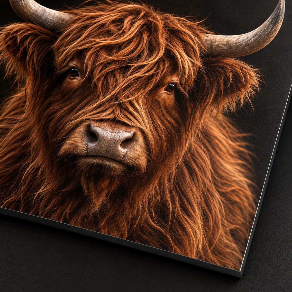 Highland Cow Wall Art – Dark Metal Portrait — macro detail of the UV-printed aluminum surface