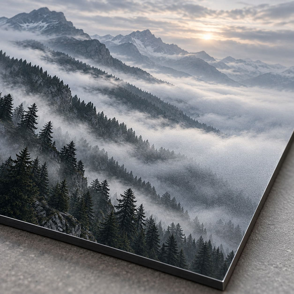 Foggy Mountain Landscape Metal Wall Art — macro detail of the UV-printed aluminum surface